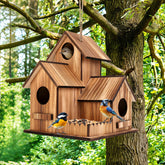 BXYEE front view of wooden birdhouse showing natural finish and three chambers benefit: blends into garden