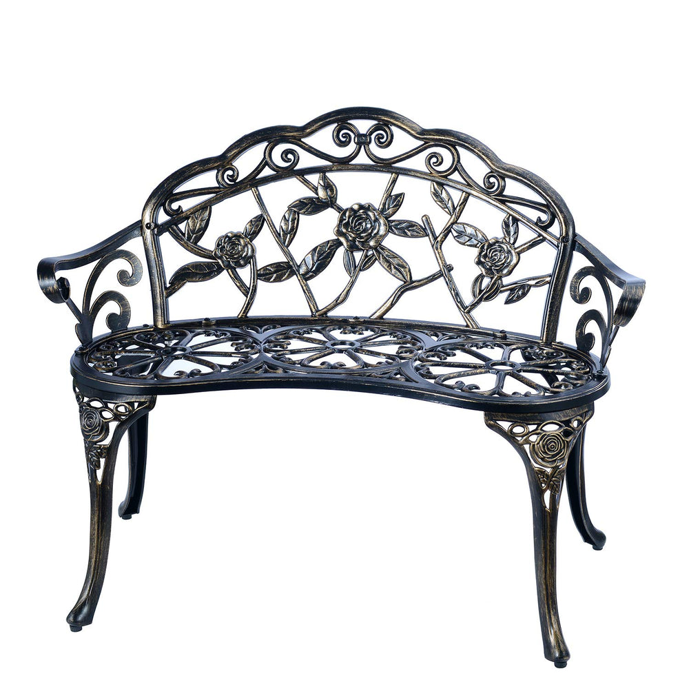 C/G patio casa front view of copper bench showing elegant two-seat benefit