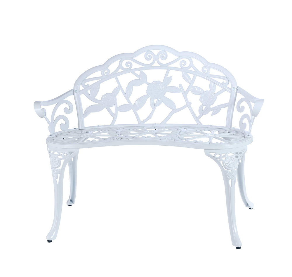 C/G patio casa white bench front view shows weatherproof elegance and seating comfort