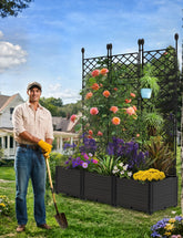 CABIHOME front view showing full planter and trellis, enhances patio privacy