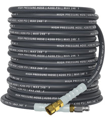 CADEGUO front view of packaged 50 ft pressure washer hose shows product and benefits
