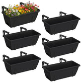 CADUKE front view of six black railing planter boxes showing clean uniform look and curb appeal