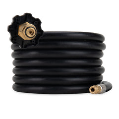 Camco Olympian front packaging showing hose and features for safer hookups