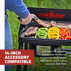 Camp Chef folding leg and hinge detail highlighting portability and stable setup