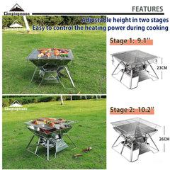 camping moon demonstration of two-height grill adjustment for heat control