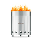 Campior front view with stand showing stable burn and easy setup