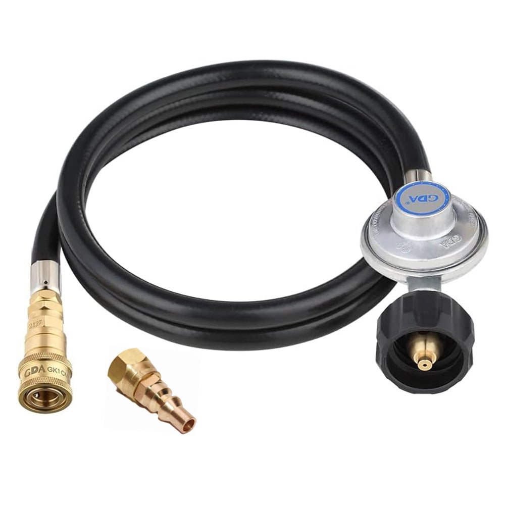 CAMPLUX front view of hose and regulator showing compact-ready design and convenience