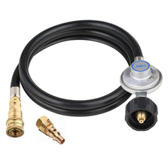 CAMPLUX front view of hose and regulator showing compact-ready design and convenience