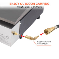 CAMPLUX hose beside 20 lb propane tank showing five-foot length for safer placement