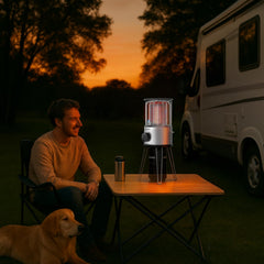CAMPLUX heater top conduction plate with mug demonstrating warm-drink convenience