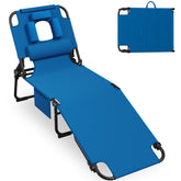 Candockway front view of blue tanning chair showing full reclining benefit
