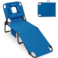 Candockway front view of blue tanning chair showing full reclining benefit