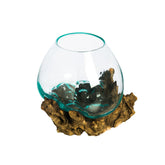 Cape Craftsmen front view blue bubble glass on teak showing artistic display benefit