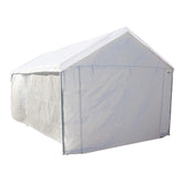 Caravan front view showing attached white sidewalls for weather protection