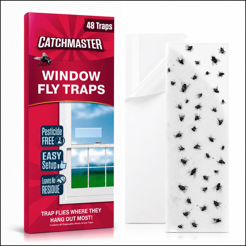 Catchmaster front packaging showing 48-count waterproof window traps for easy pest control