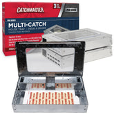 Catchmaster front packaging showing three reusable mouse traps and benefits