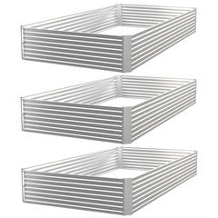 CATMANOR front view of three assembled galvanized raised beds showing clean edges and space
