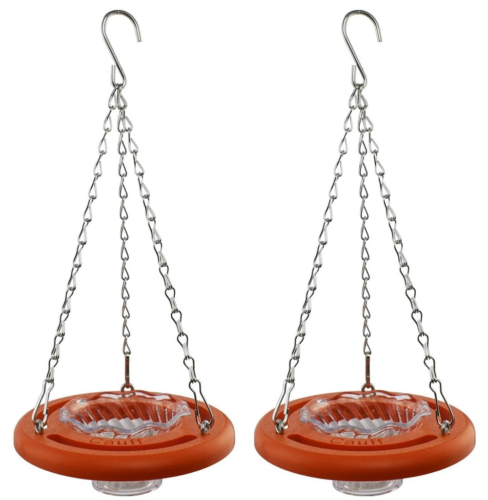 Cauff oriole feeder front view showing bright orange color and feeding stations, attracts orioles