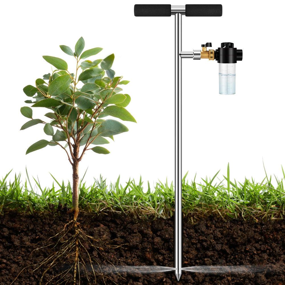 Caulimo front view spike showing polished stainless steel and hose connection for durable irrigation
