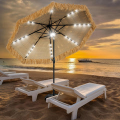 CBFULLRES front view showing 9ft thatched umbrella and shaded patio area