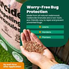Granules sprinkled along a patio perimeter showing Cedarcide creating an insect-deterring border