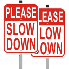 Cefrashi front view of two reflective slow down signs showing clear message