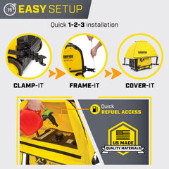 Champion Storm Shield frame detail with clamps and fiberglass rods for secure fit