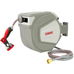 CHAPIN front view of retractable hose reel showing durable case and label