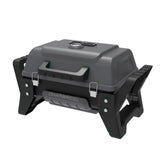 Charbroil Grill2Go X200 front view showing compact dark grey lid and logo, portable convenience