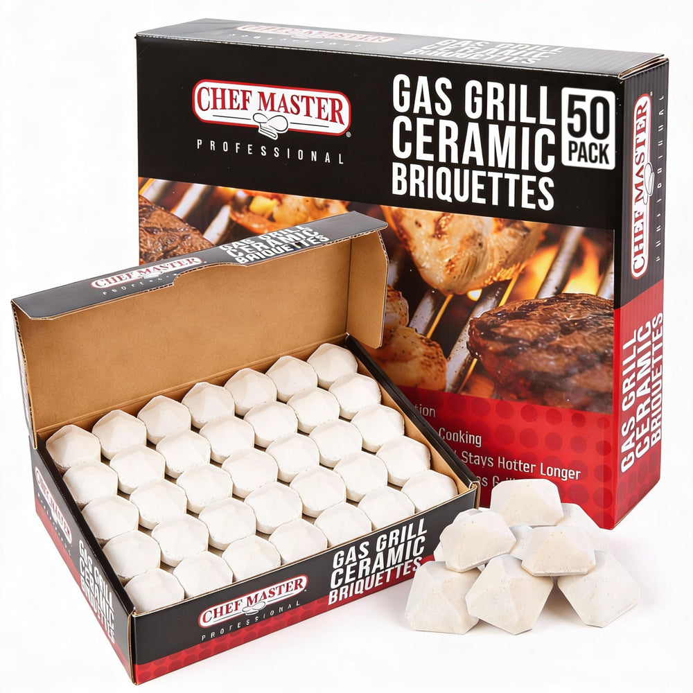 Chef Master front packaging showing 50-piece briquette set and benefits