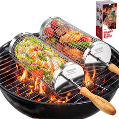 Chenovate front view of two-pack grill baskets showing durable stainless steel and handles