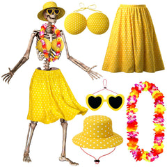 Chicingyou front view of full Hawaiian outfit for 12ft skeleton, bright colors boost decor