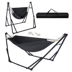 Chloraeon hammock chair front view showing compact stand and comfortable seat