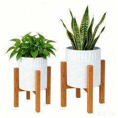 Chonsun front view showing two white metal planters and wooden stand for stylish display