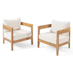 Christopher Knight Home front view of two chairs showing teak finish and beige cushions for elegant outdoor seating