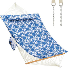 CHULIM front view of blue hammock showing full spreader bars and pad, comfortable seating