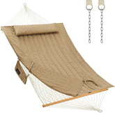CHULIM front view tan hammock showing full spreader bars and pad benefit comfort