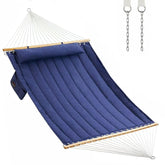 CHULIM front view of dark blue double quilted hammock showing full bed and spreader bars for comfort