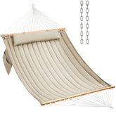 CHULIM front view of tan double quilted hammock showing full bed and spreader bars for comfortable lounging