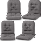 Chunful front view of four dark gray tufted cushions showing neat stacked packaging and durable fabric benefits