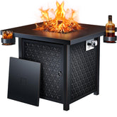 Ciays fire pit front view showing sleek black table and burner, enhances patio warmth