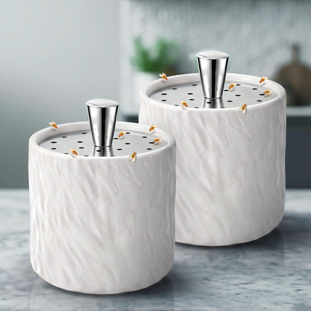 CimoroWin front view showing white ripple ceramic jar and silver lid, blends with decor