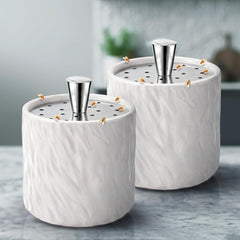 CimoroWin front view showing white ripple ceramic jar and silver lid, blends with decor