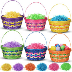 Cinnvoice front view of six mixed-color bamboo baskets showing vibrant handles and liners for easy gifting