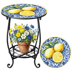 Cinnvoice front view patio side table showing elegant lemon design and compact footprint