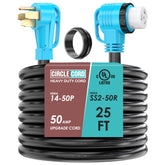 CircleCord front view showing 50 amp 25ft packaging and safety label benefit