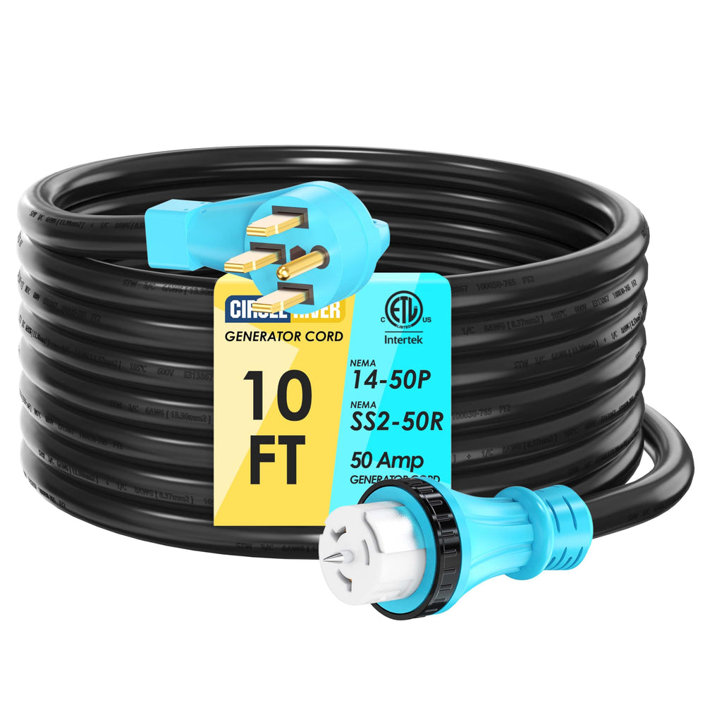 CircleRiver front NEMA 14-50P plug showing easy-grip handle and secure connection benefit