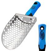 CKG front view scoop showing full stainless-steel mouth and blue handle for fast recovery