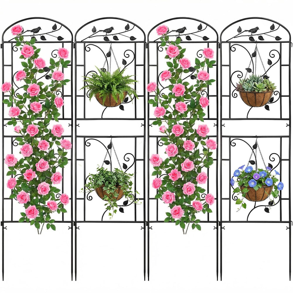 CL FUN front view of metal trellis showing decorative bird and vine design and durable support