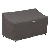Classic Accessories Ravenna front view showing full taupe loveseat protection and clean fit